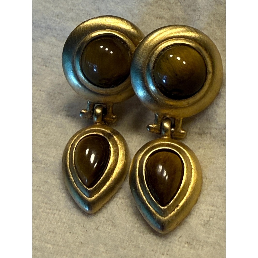 Vtg Signed Gold Tone Pierced Earrings Tiger's Eye Cabochon statement modern